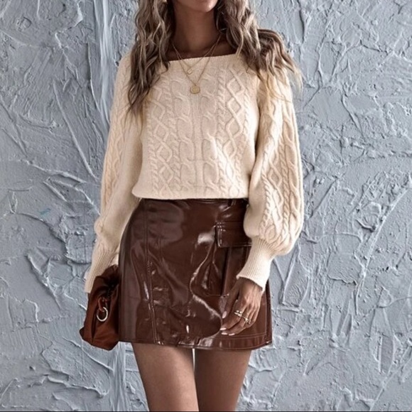 Solid Bishop Sleeve Cable Knit Sweater - Picture 4 of 5